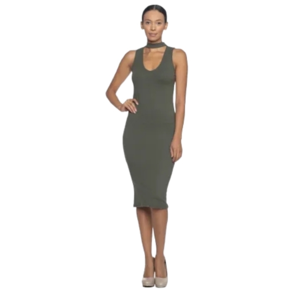 Capella | Bodycon Jersey Knit Midi Dress | Sleeveless Choker | Olive Green - Picture 2 of 3
